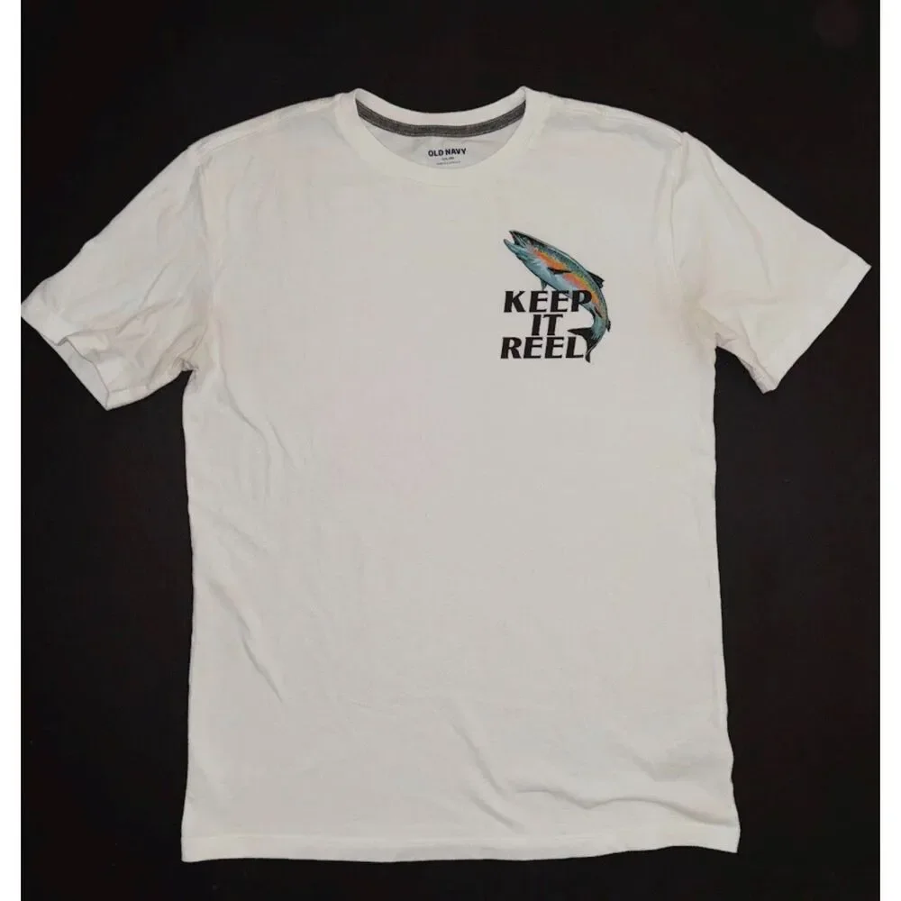 Old Navy boys Short sleeve graphic t-shirt top white fishing Change the world 18